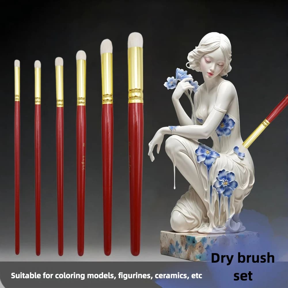 6pcs wool hair round head dry brush three-color oil painting set gouache watercolor mold figure ceramic model brush Art supplies