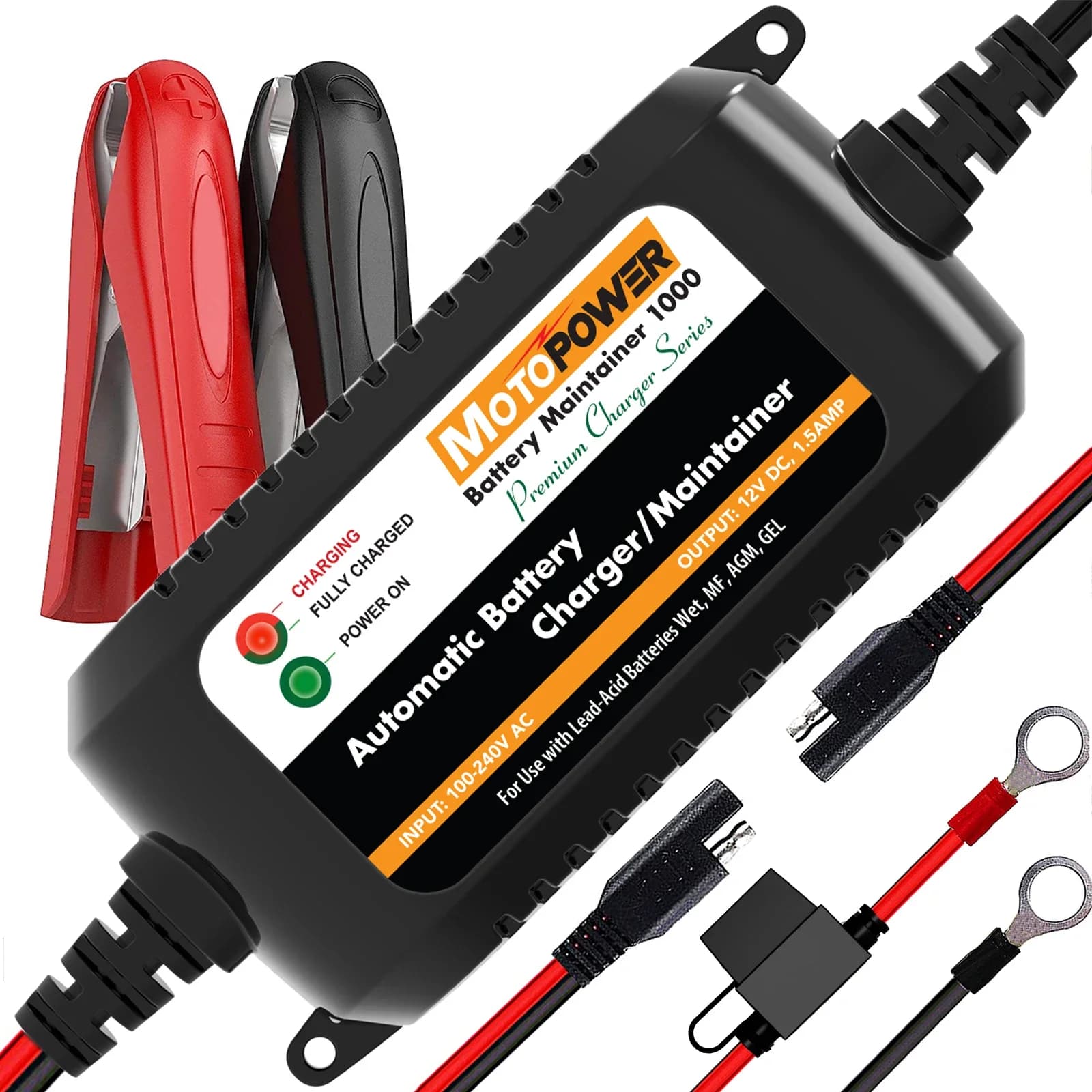 MOTOPOWER 12V 1.5A Caricabatterie intelligente completamente automatico mantenitore per auto camion barca moto tutti i tipi di batterie al piombo