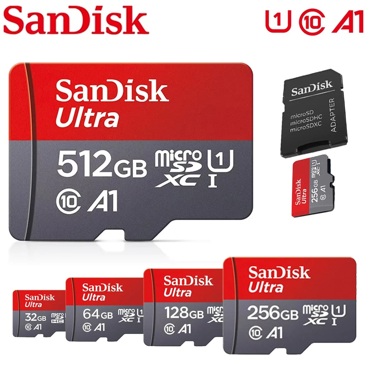 Scheda MicroSD Sandisk da 512GB, 256GB, 128GB, 64GB, 32GB, Classe A1-10 UHS-1, Memoria Flash MicroSD per Xiaomi