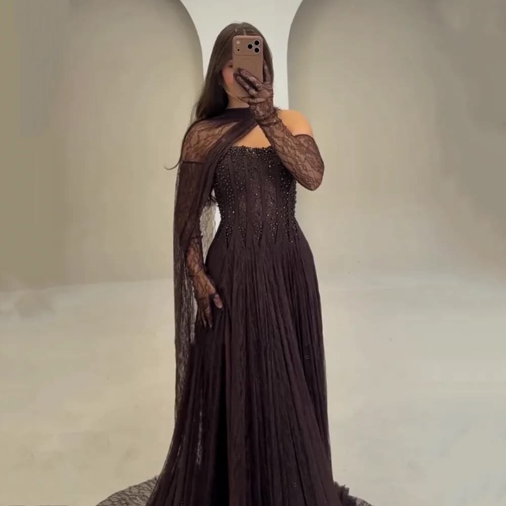 Customized High Quality Long Shawl Evening Dress Beaded Glitter Prom Dresses Elegant Party Wedding A-line Long Dresses