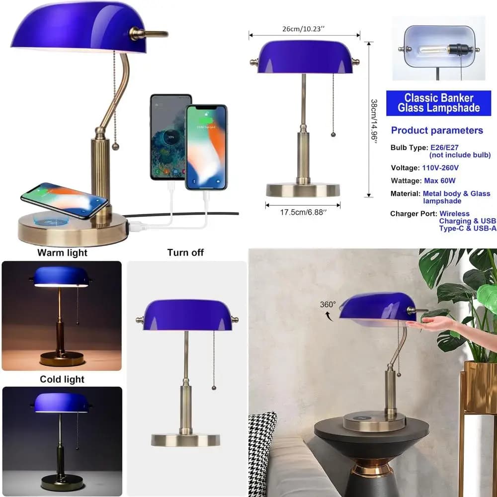 Lampada da Scrivania in Vetro Blu con Porte USB e Ricarica Wireless, Interruttore a Catenella, Base E26, Adatta per Casa, Ufficio, Camera da Letto, Pianoforte