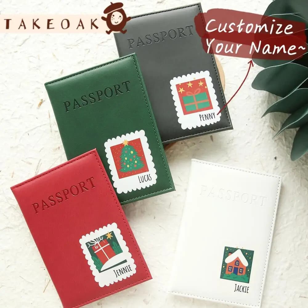 Custom Name Christmas Passport Cover Pu Leather Personalized Passport Holder Xmas Holiday Travel Document Protector Custom Gift