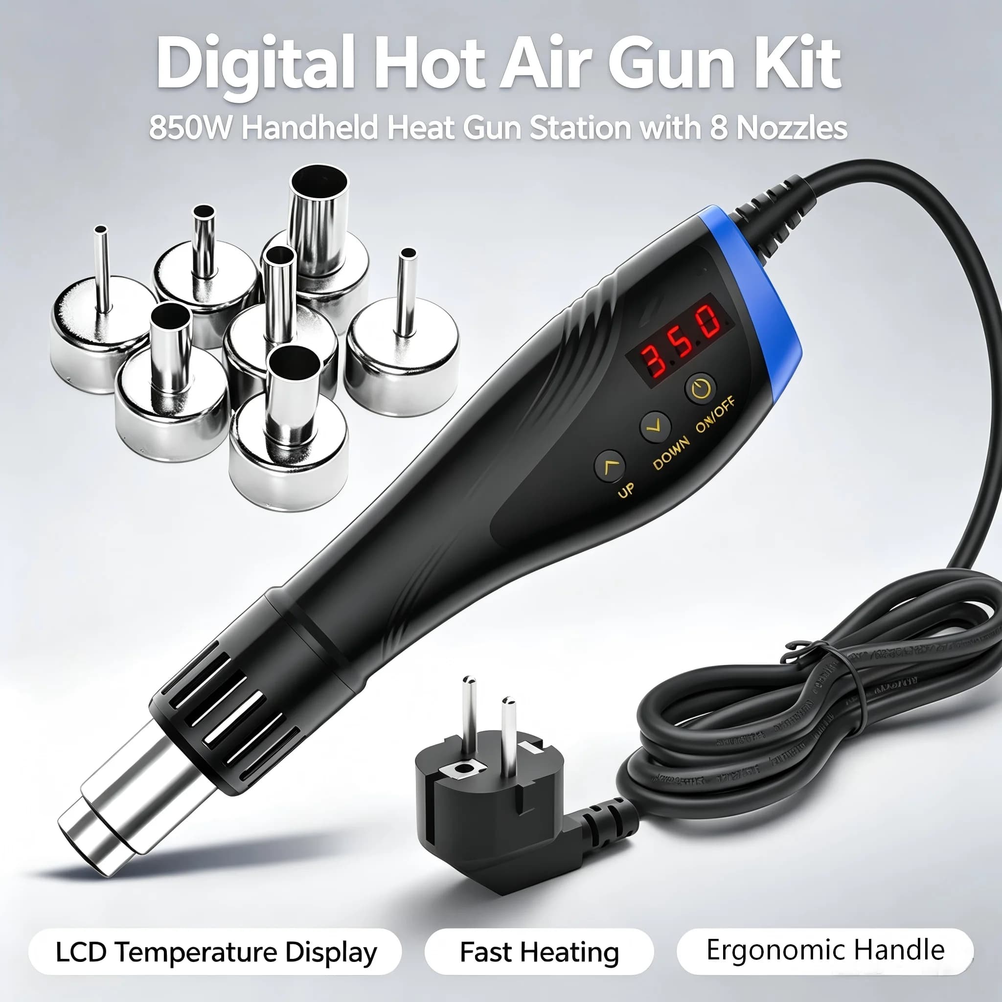 850W Digital Hot Air Gun Kit LCD Temperature Control Heat Gun with 7 Nozzles for Motorcycle Repair, Phone Welding & Heat Shrink