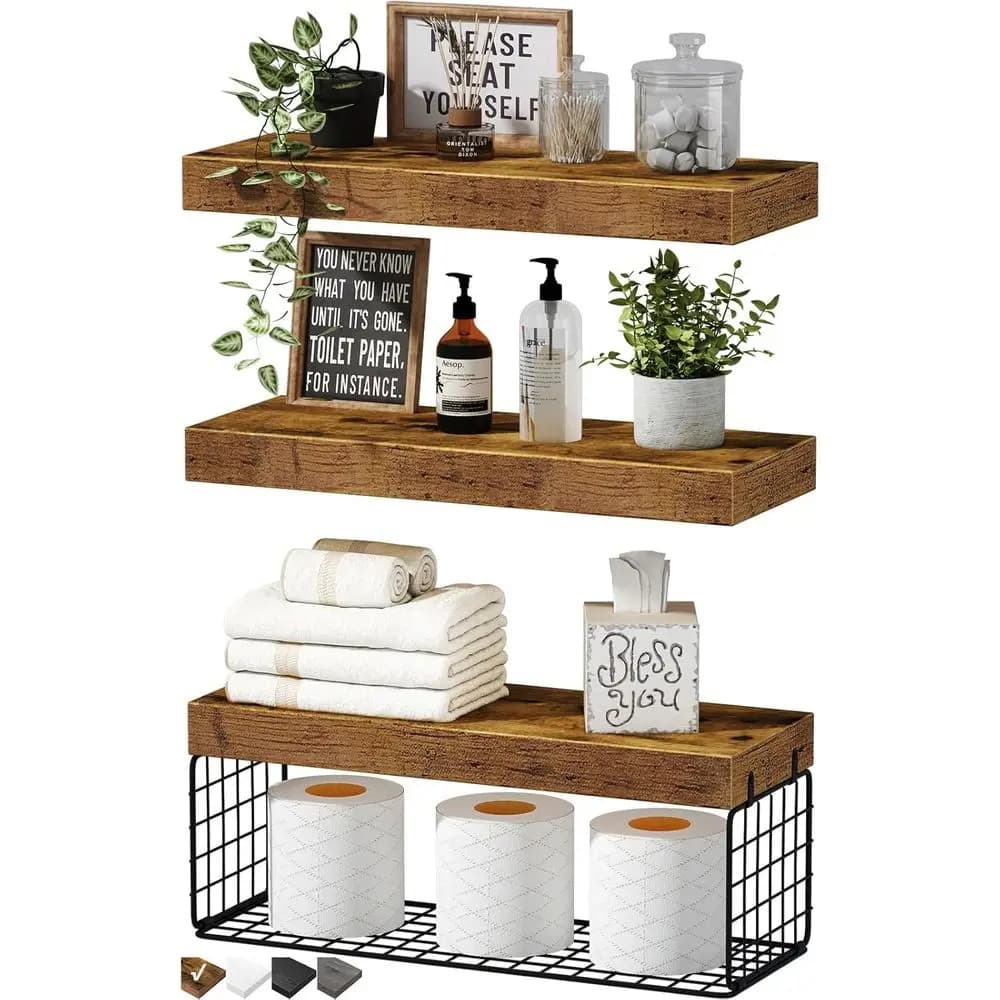 Set di 3 Portarotoli da Parete Rustici Marroni da 16 Pollici con Mensole Portaoggetti per Arredo Bagno Piccolo