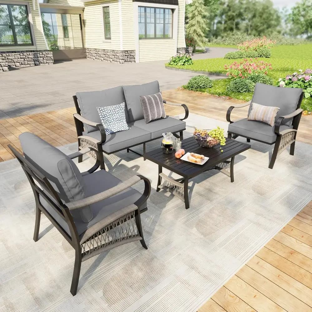 Set di mobili da giardino in metallo da 4 pezzi con tavolino, divano imbottito grigio, divanetto e sedie singole