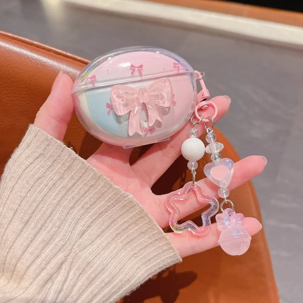 3D cute Korean earphone case with pink bow for OnePlus Buds 4 Buds4 Wireless Bluetooth headset with keyring