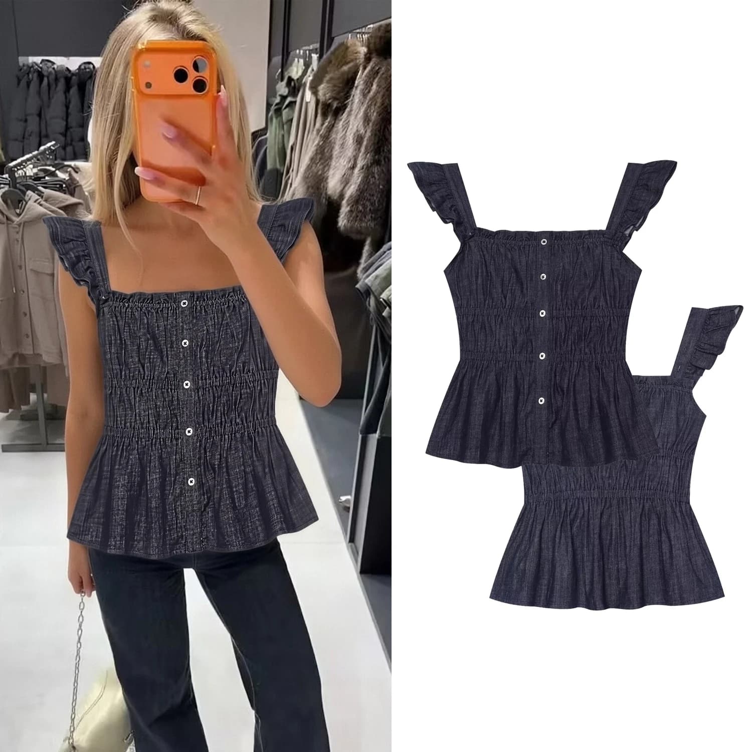 Women Denim Shirts Summer Female Chic Backless Ruffle Sleeveless Square Collar Camisole Tops Lady Casual High Street Halter Tops
