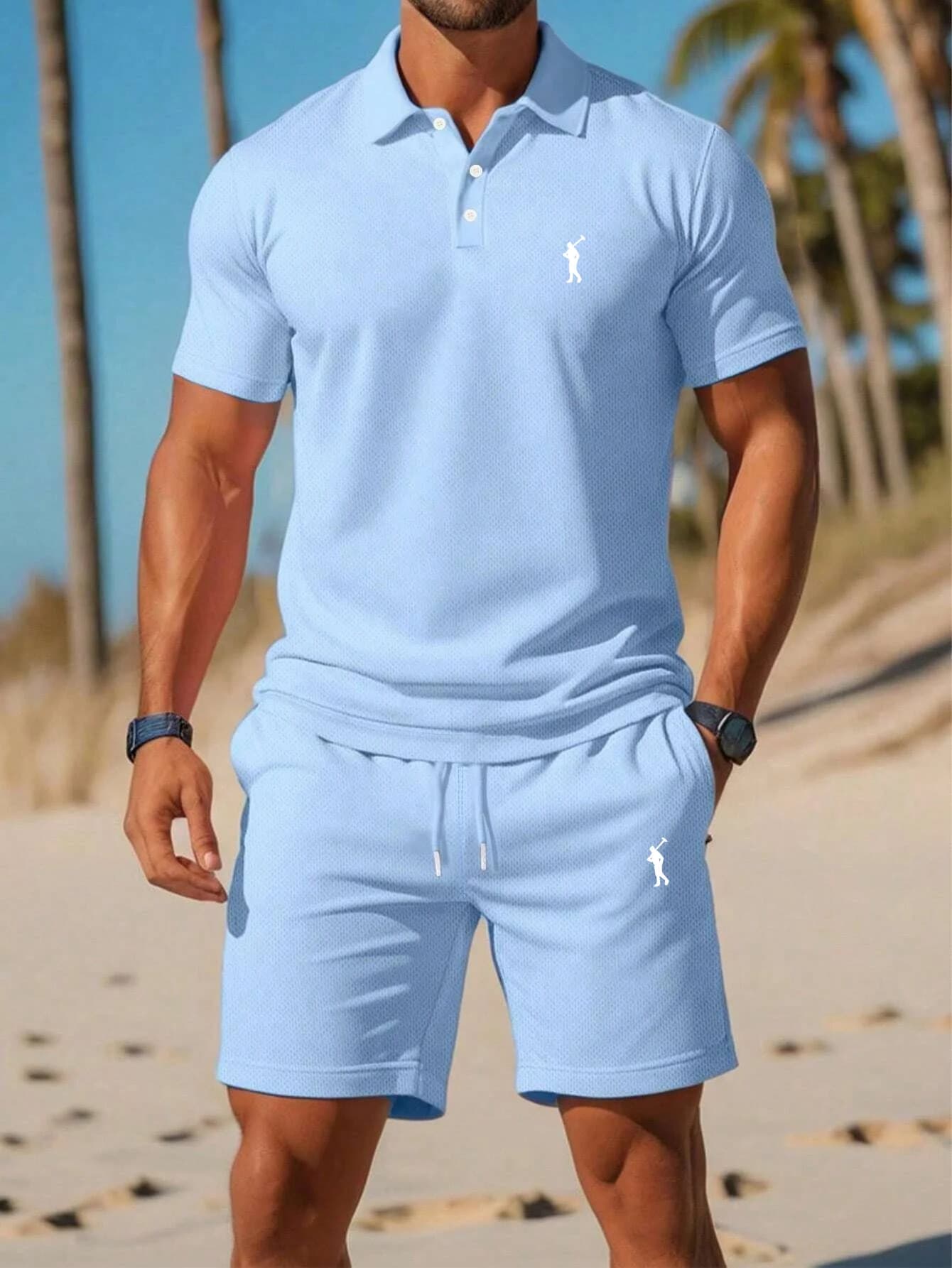 L'Ultimo Set Estivo da Uomo 2026 con Polo e Pantaloncini 'Sky Blue Golf Atmosphere', Stampa 3D alla Moda