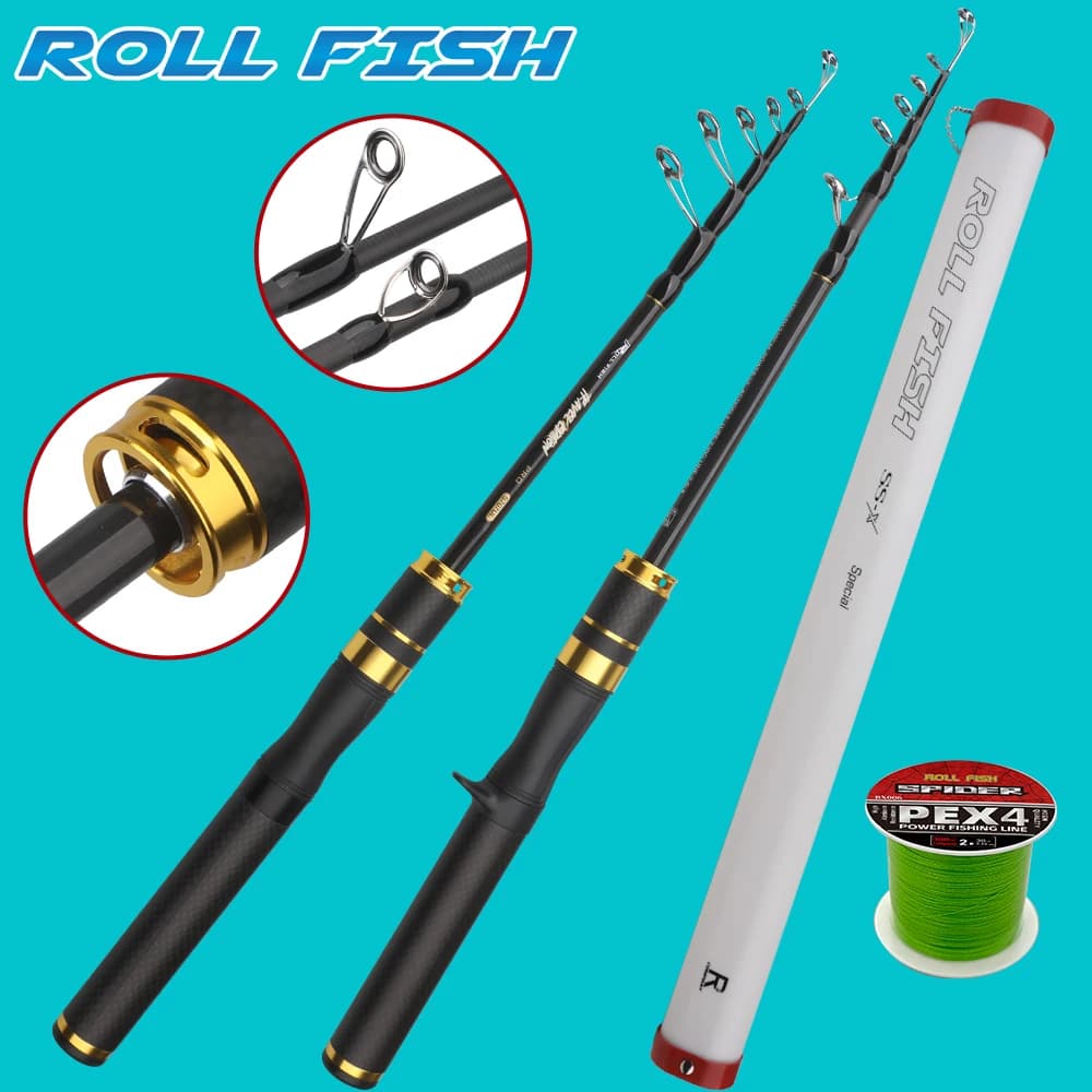 ROLLFISH UL Canna da pesca leggera da viaggio telescopica portatile in fibra di carbonio per spigola, panfish e acqua salata, include linea PE da 100 m
