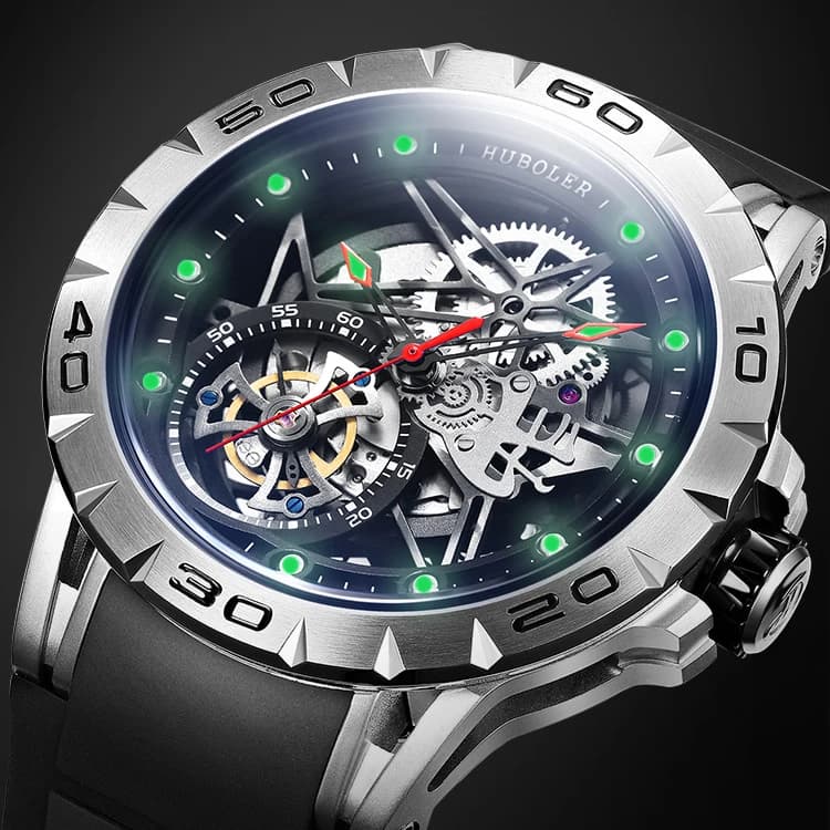 HANBORO Orologio automatico da uomo 45MM Orologio da polso meccanico 50m Impermeabile Quadrante scheletrato luminoso Miyota 6T15