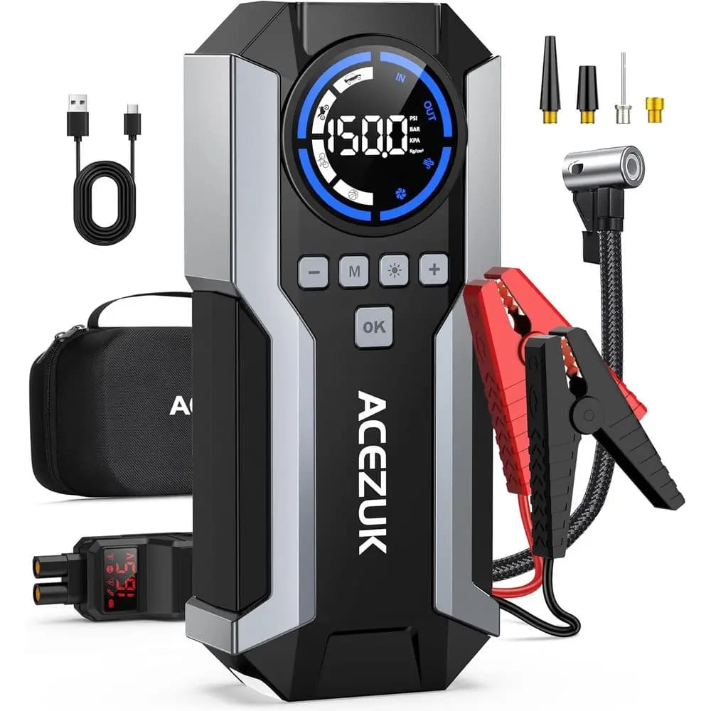Avviatore di Emergenza Portatile 8000A 150PSI con Compressore d'Aria, Display LCD e Luci LED per Veicoli a Benzina