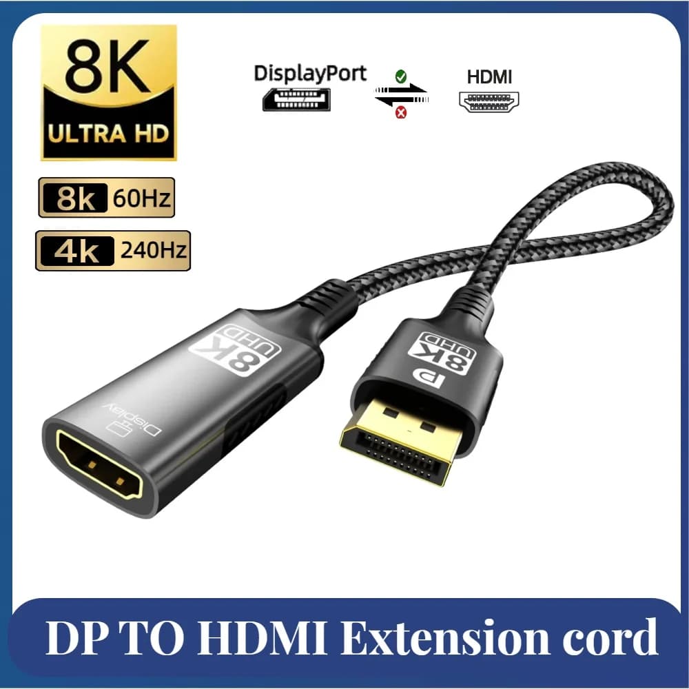 Extension cable from 8K DP to HDMI Male to Female 8K@60Hz 4K@120Hz Supports unidirectional transmission from DP to HDMI for laptop PC