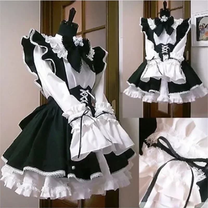 Vestito da cameriera per donna Lolita Cosplay Carino sexy erotico Kawaii Cafe Costume Nero Bianco Uomo Uniforme Grembiule Abito Carino Bowknot Mucama