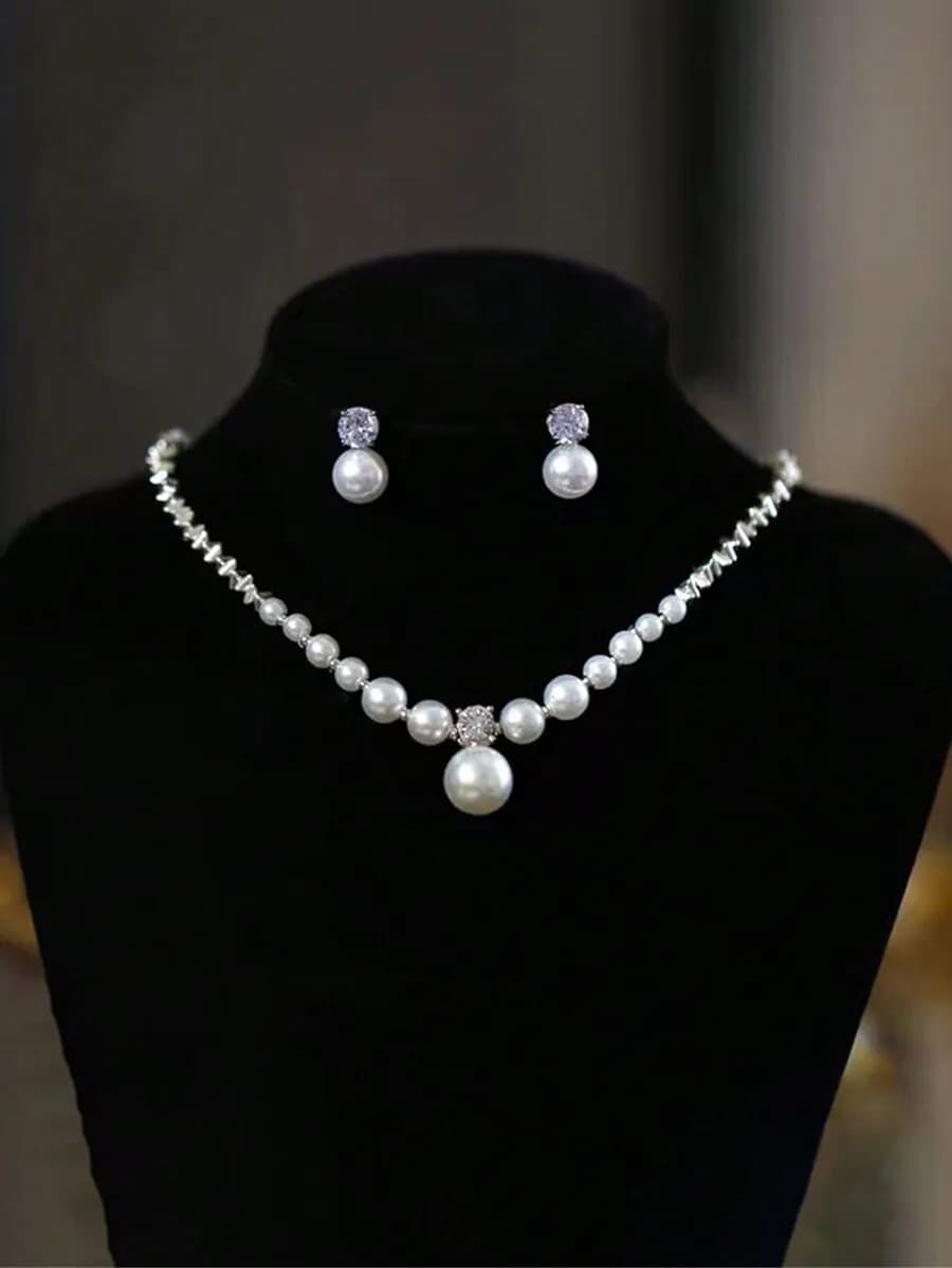 Set di Collana e Orecchini a 3 Pezzi con Perle Finte e Cristalli per Donne - Elegante Gioielleria da Sposa