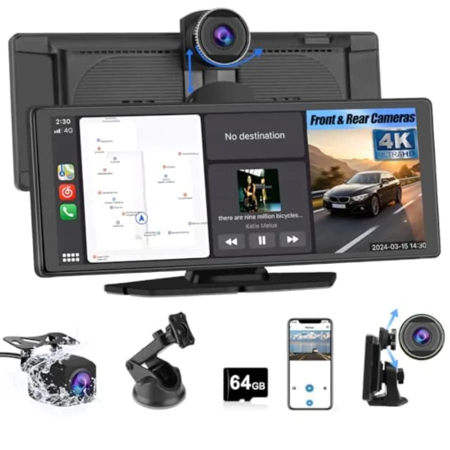 Schermo CarPlay Wireless Portatile per Auto: Touchscreen IPS da 10,26 Pollici, Dash Cam 4K + Telecamera Posteriore 1080P, Plastica ABS Nera Ultra-Sottile