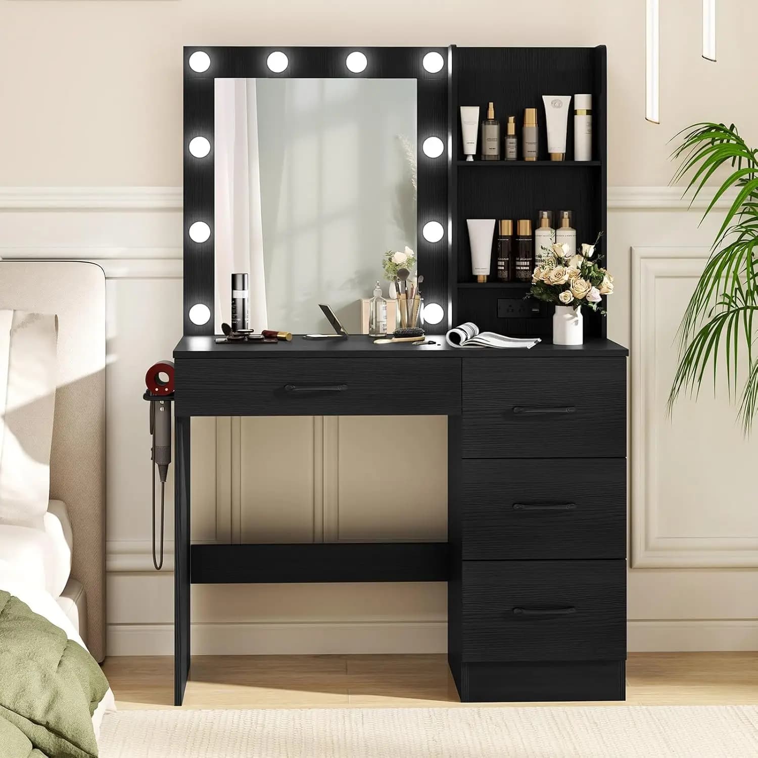 Toeletta Make-up with Lights, Modern Makeup Desk with Charging Station, Support Hair dryer, 4 Large Drawers and Customizable