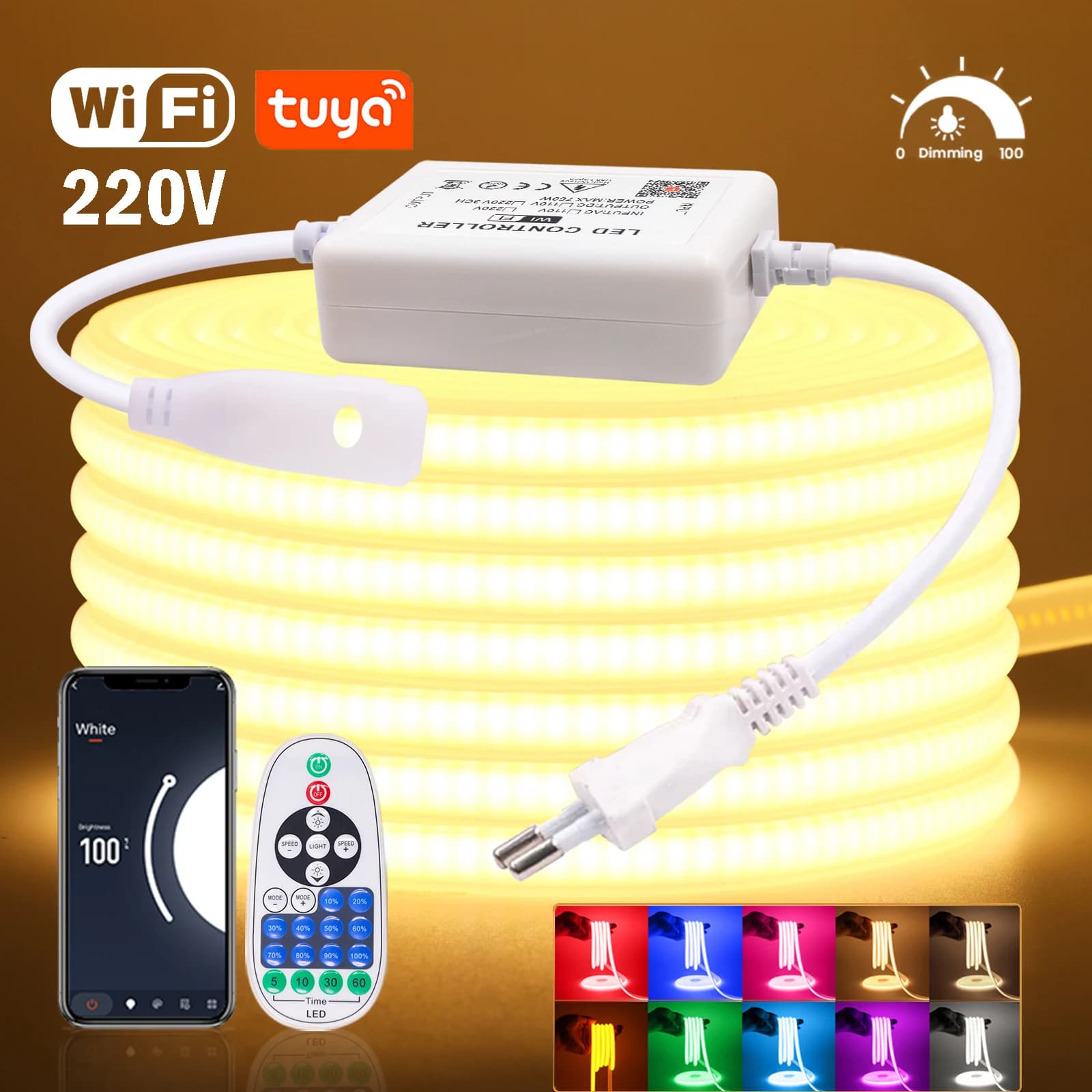 Tuya APP WiFi Dimmerabile COB LED Strip Light 220V EU 288 LED/M RA90 Nastro flessibile esterno impermeabile per illuminazione cucina camera da letto