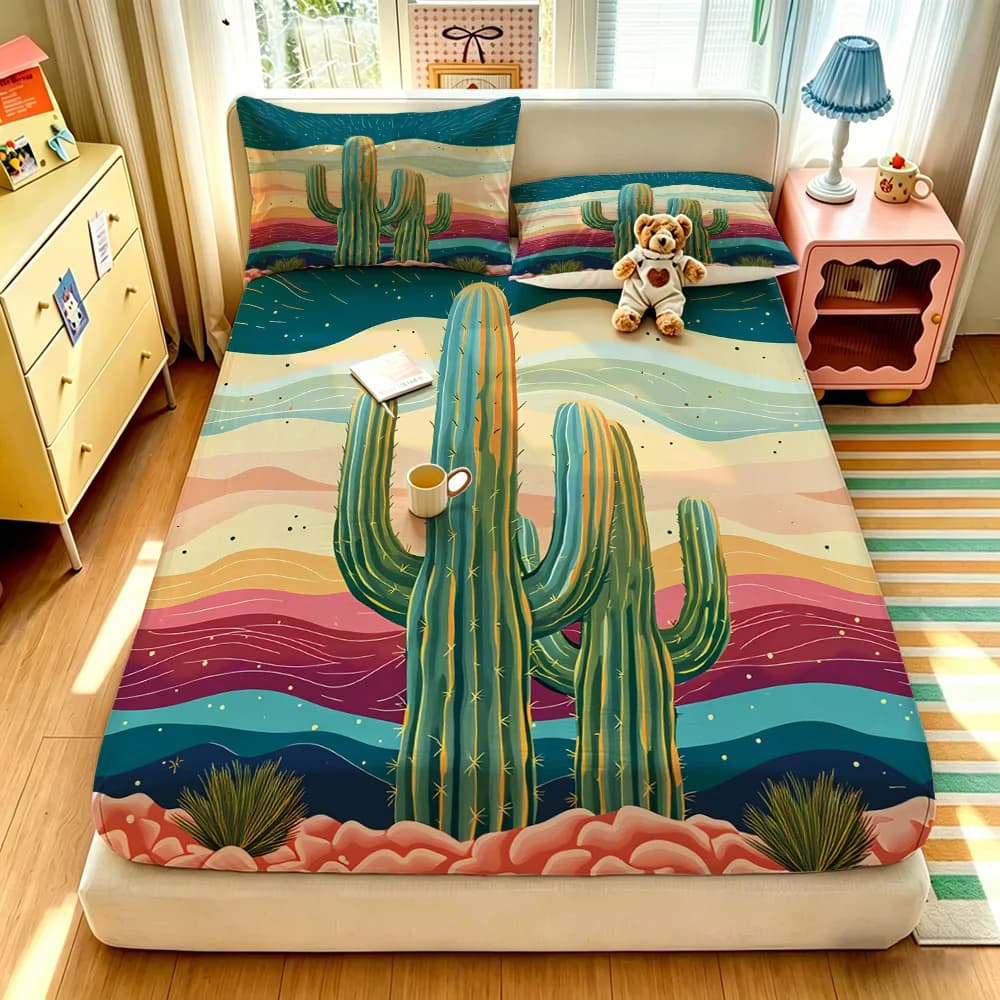 3pcs Desert Cactus Printed Chipless Bed Sheet Set, Multi Size Soft Bed Cover, Bedroom Bedding, Gift Decoration