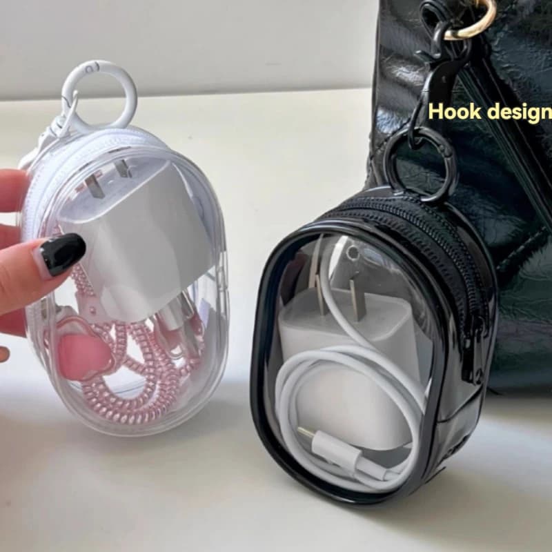 Borsa per bambole borse per cosmetici trasparenti in PVC nero organizzatore di gioielli cavo dati portatile auricolari sacchetti di immagazzinaggio per caricabatterie per monete