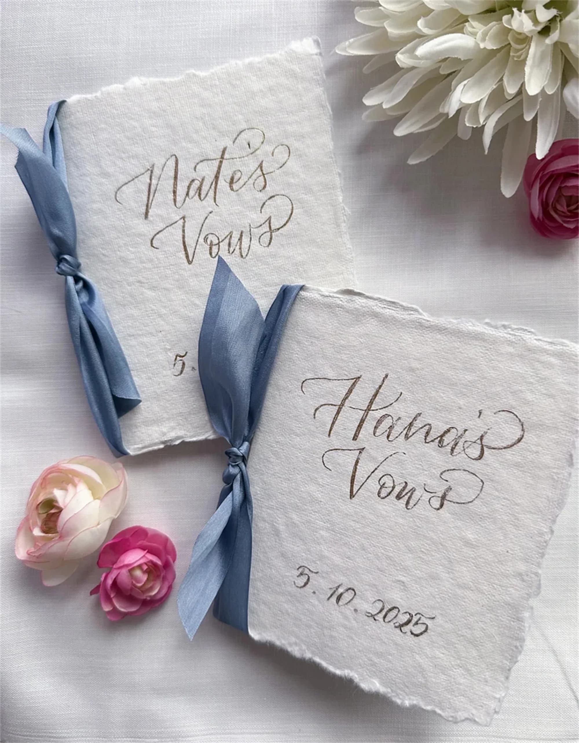 Custom Wedding Vow Books | Set of 2 | Personalized Calligraphy Foil Names | Silver & Gold | Handmade Cotton Paper