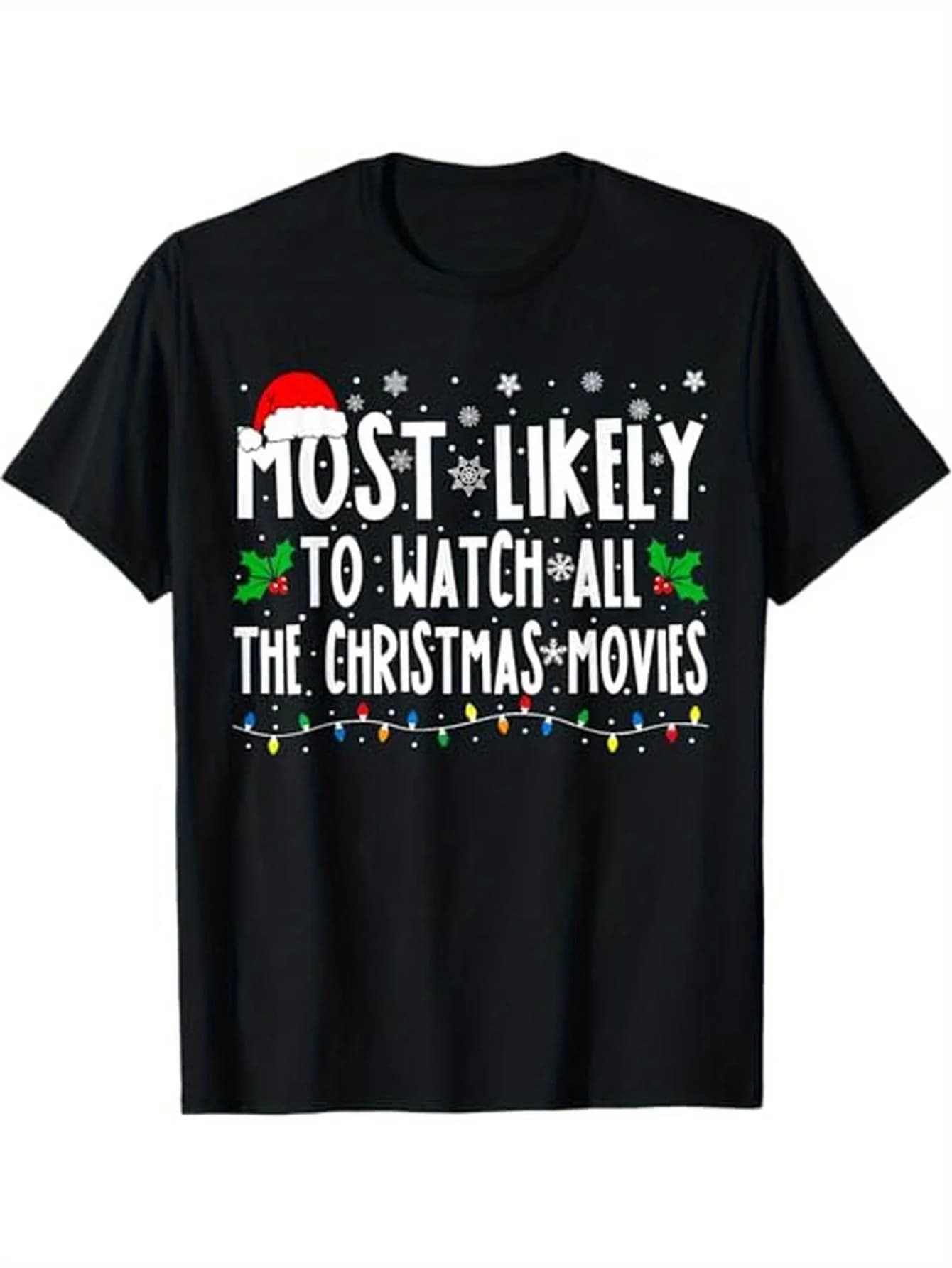 T-shirt natalizia abbinata "Most Likely Watch All the Christmas Movies", 100% cotone nero, S-XXXL, regalo per famiglia e amici
