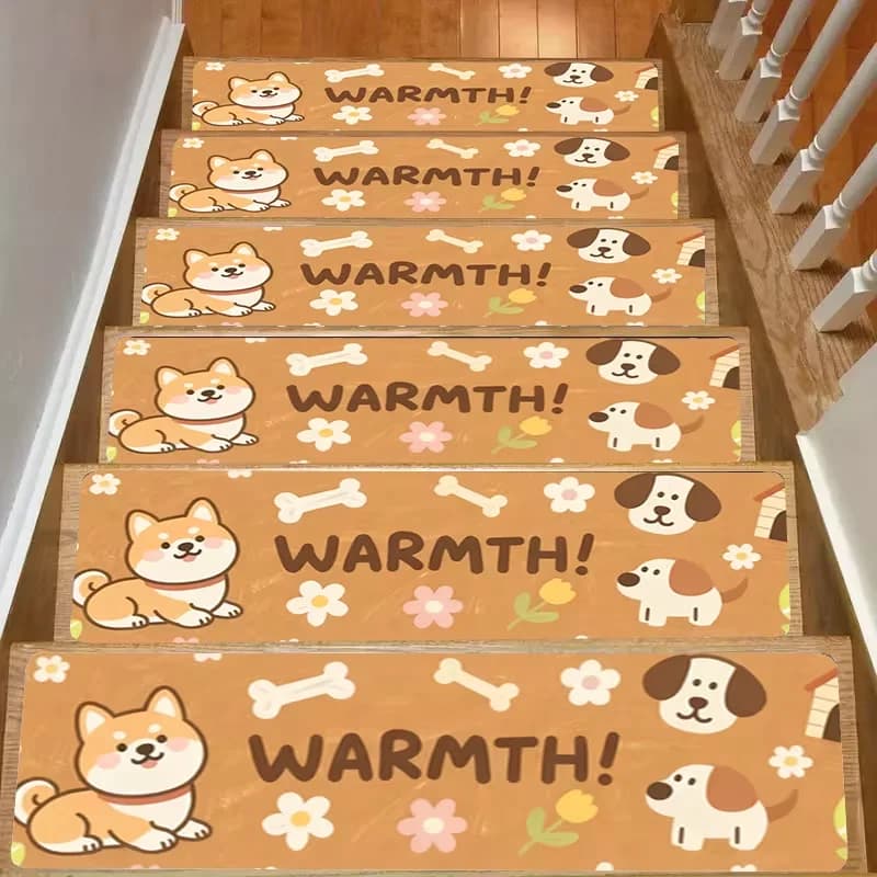 Tappetini per Scale con Motivi di Cuccioli, Ossa e Fiori, Collezione Joyful Time, Tappetini Antiscivolo per Esterni