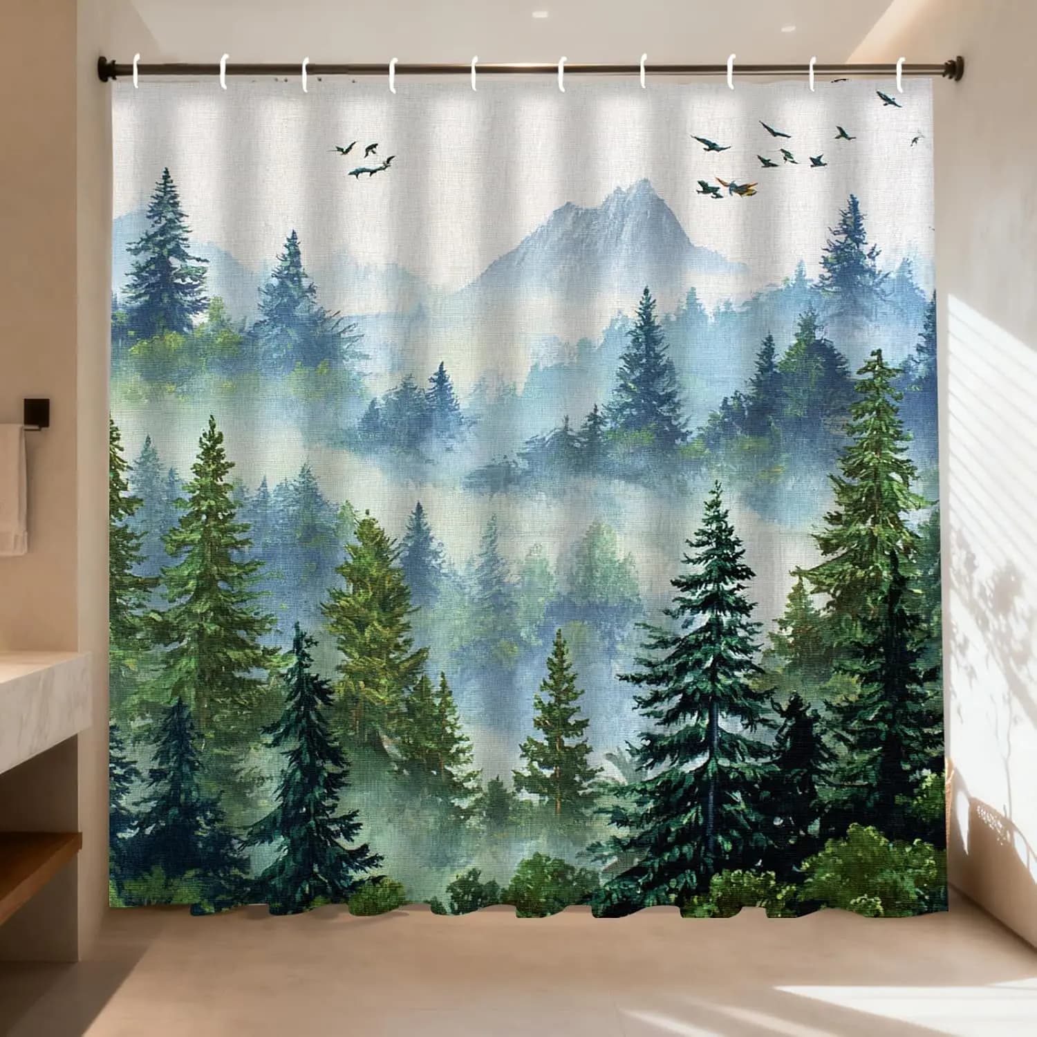Tenda da doccia con scena di montagna e foresta, in poliestere impermeabile, con ganci, per bagno ispirato alla natura