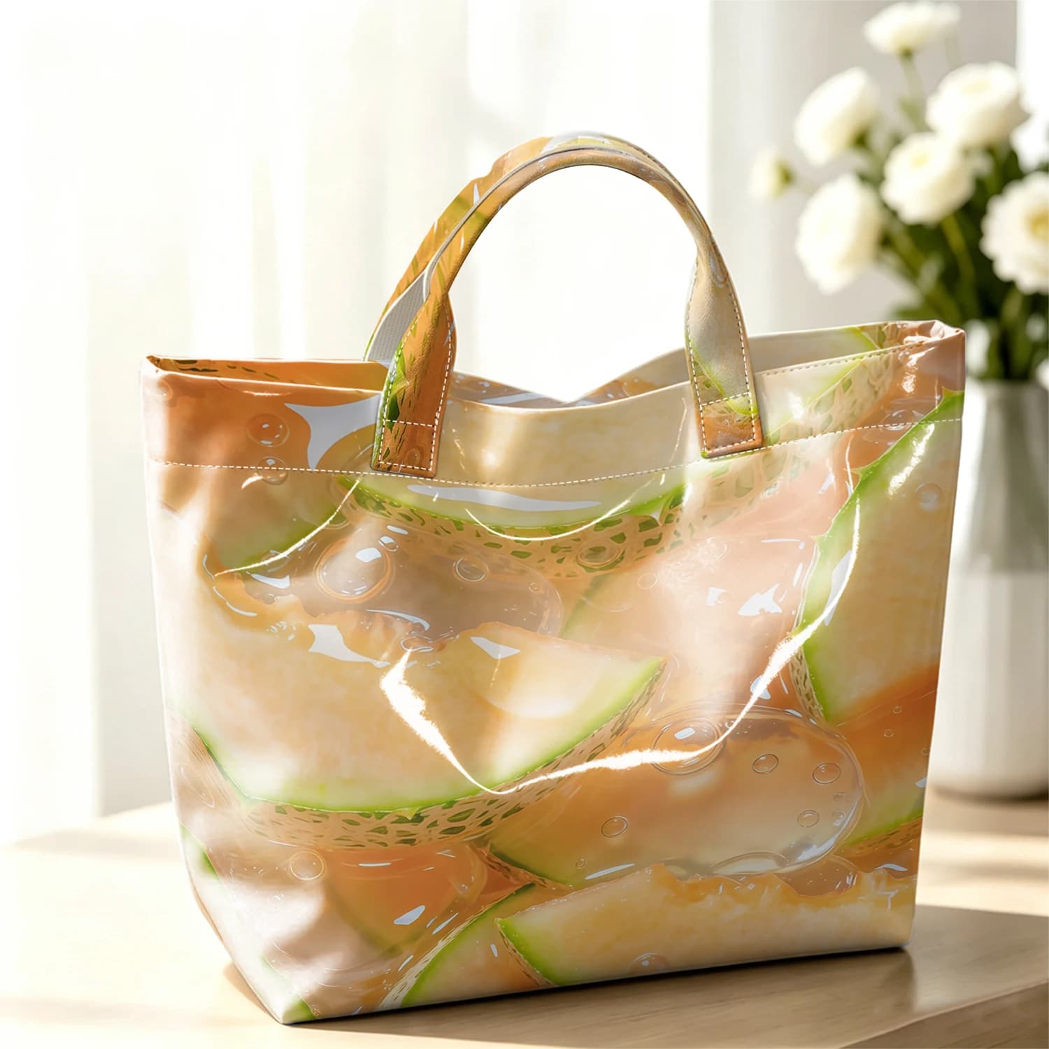 Icy Melon Slice Cute Large Glossy PVC Tote Bag Hand Washable Lightweight Soft Great for Travel Commute Makeup Storage Handbags