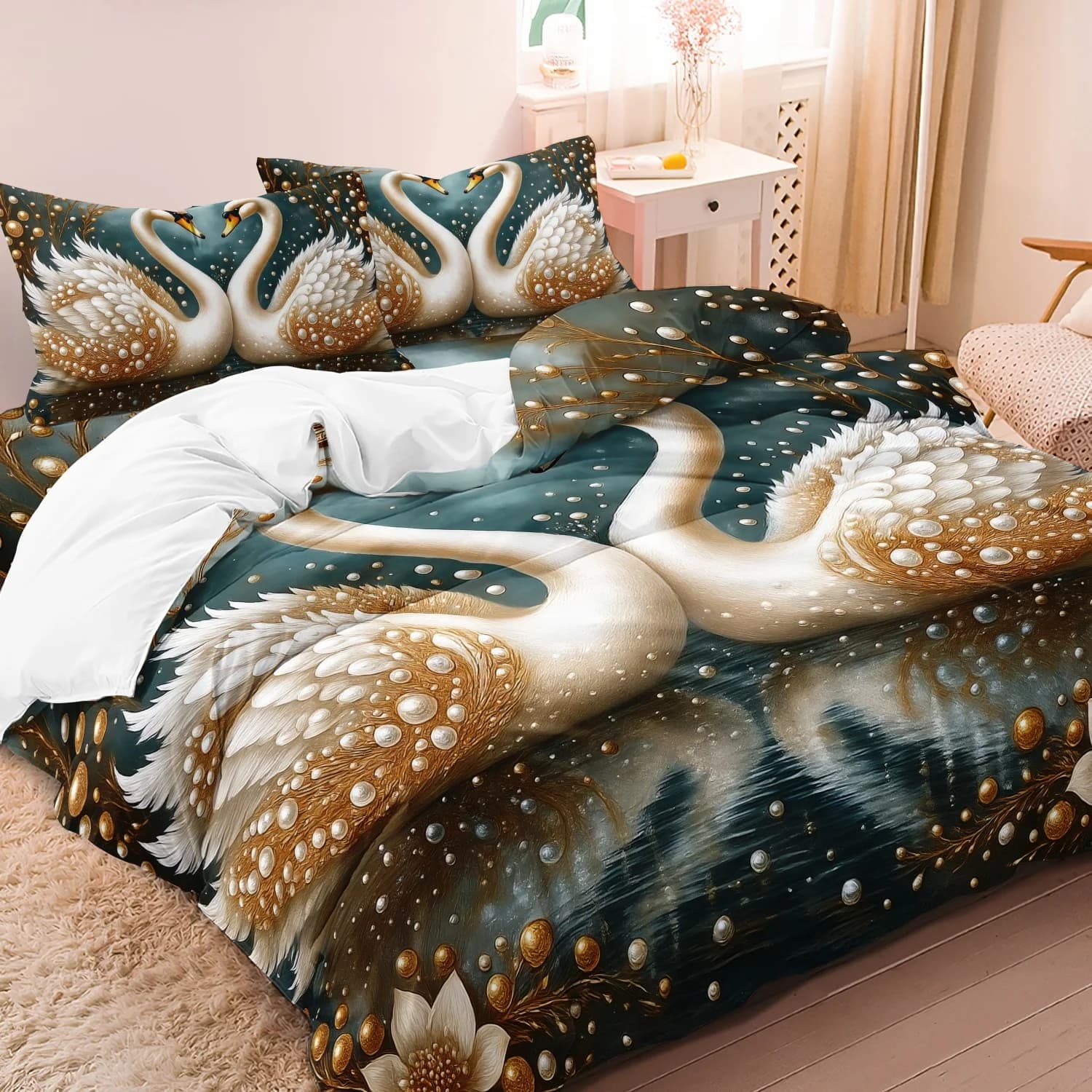 Set copripiumino con stampa digitale di gemme a forma di cigno con corona da 3 pezzi, copripiumino con stampa ad alta definizione a fiori per la casa e il dormitorio