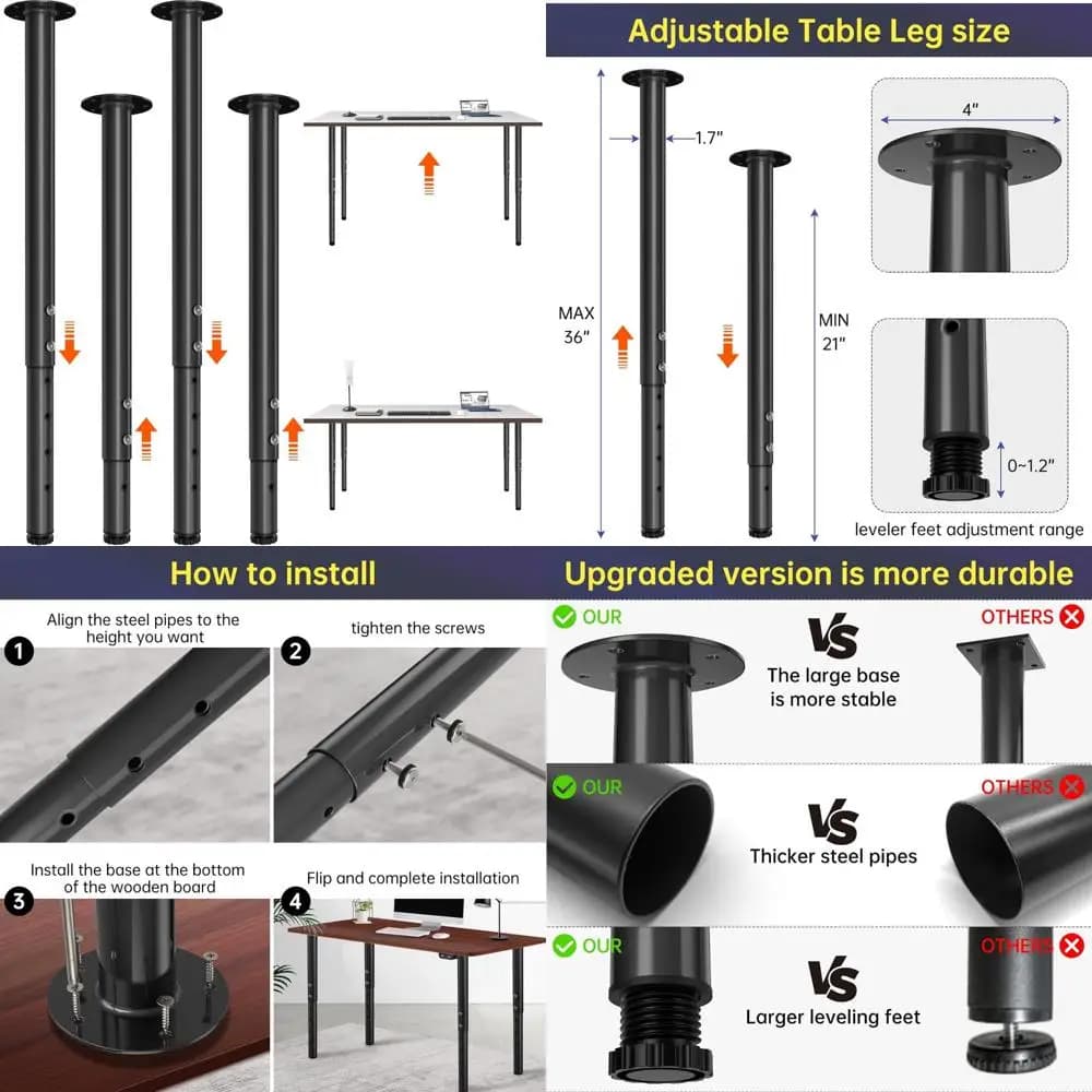 Gambe da tavolo regolabili in metallo da 21 a 36 pollici, gambe da scrivania per ufficio domestico, set di gambe per mobili fai da te, adatte per scrivanie per computer e
