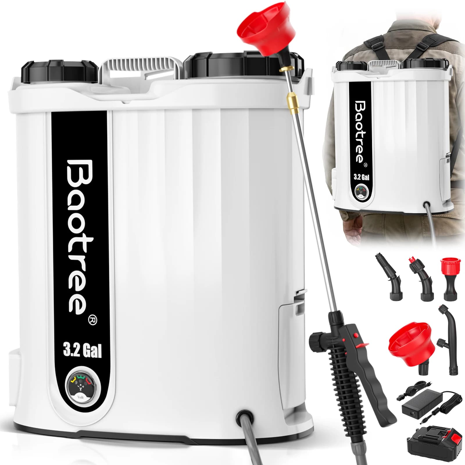Spruzzatore a Zaino Elettrico da 3.2/4.4 Galloni, Spruzzatore a Batteria con Asta Telescopica, Spruzzatore per Prato con 5 Ugelli, Batteria 18V 2.0Ah e Caricabatterie per Prato, Giardino, Cortile