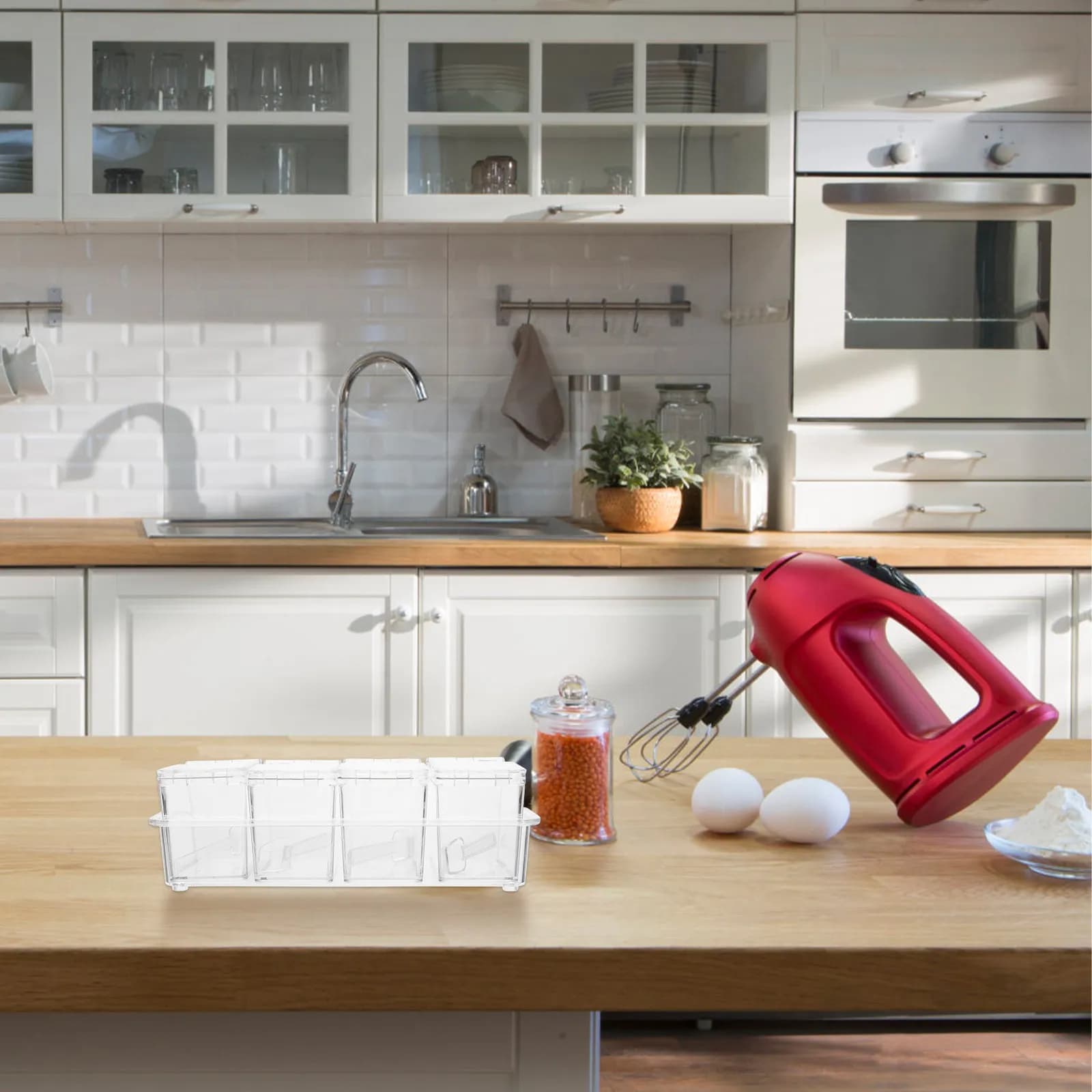Set di 1 contenitore trasparente per condimenti, materiale resistente, set di 4 cucchiai, design pratico, semplice ed elegante, barattolo per condimenti da cucina domestica