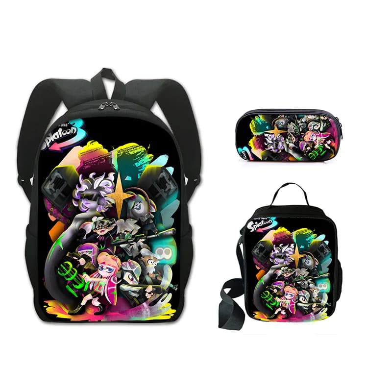 Harajuku Youthful Novelty Splatoon 3 Stampa 3D 3 pezzi/set Borse da viaggio per studenti Zaino per laptop Borsa per il pranzo Astuccio per matite