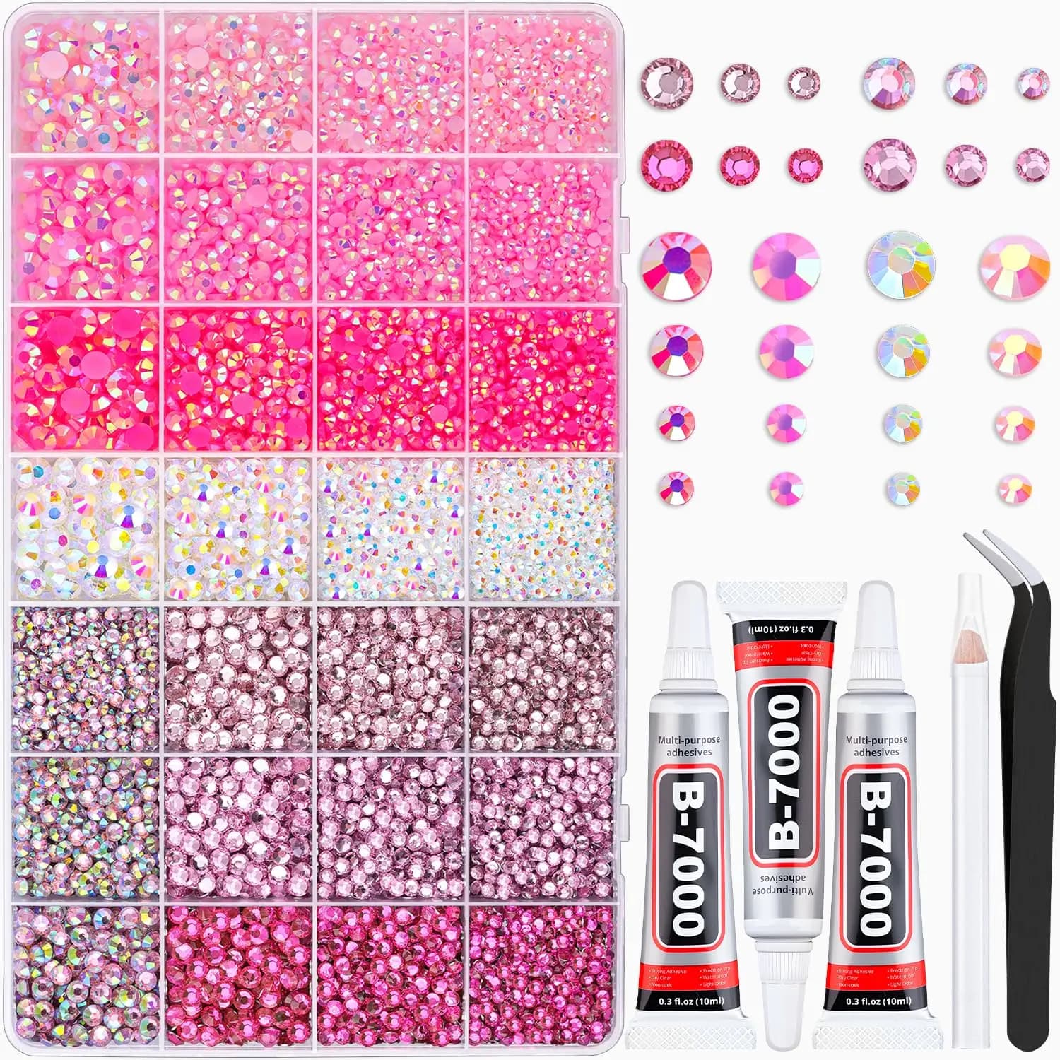 20000 Pieces of Pink Rhinestones with 3 Necklaces for Jewelry for Craft Decorations, Clothing, Shoes and Nail Art