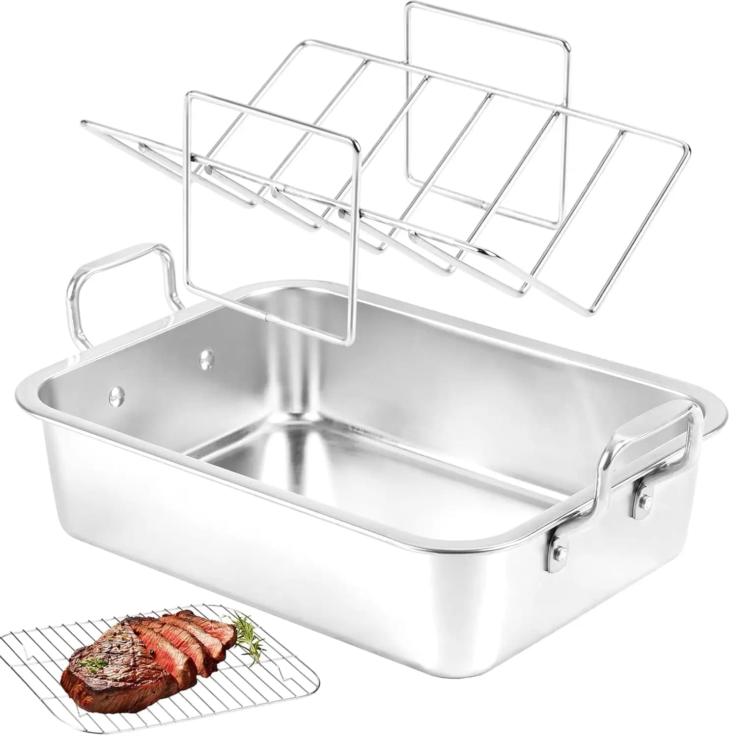 Teglia per Arrosto in Acciaio Inox con Griglia a V, Grande Teglia per Tacchino, Lavabile in Lavastoviglie
