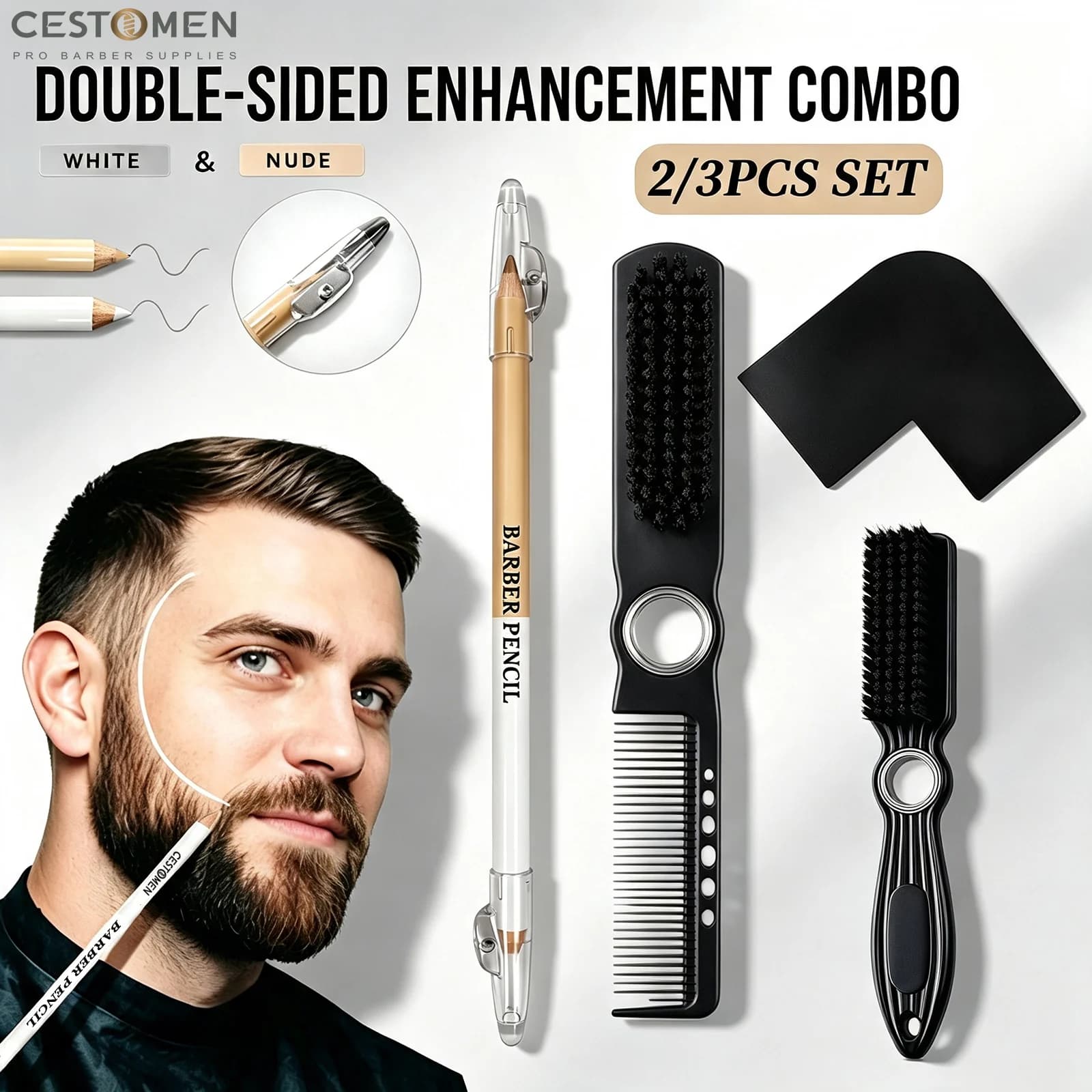 2/3PCS Pro Shaping Tools Kit With Dual Side Barber Hairline Pencil, Spinning Hair Brush And Precise Enhancing Beard Shaper Card