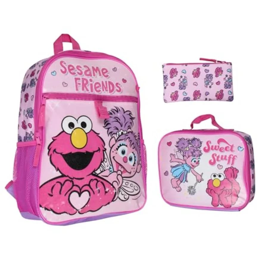 Set 3 Pezzi Amici di Sesame Street: Zaino, Borsa Pranzo e Astuccio Elmo Abby Cadabby 16 Pollici