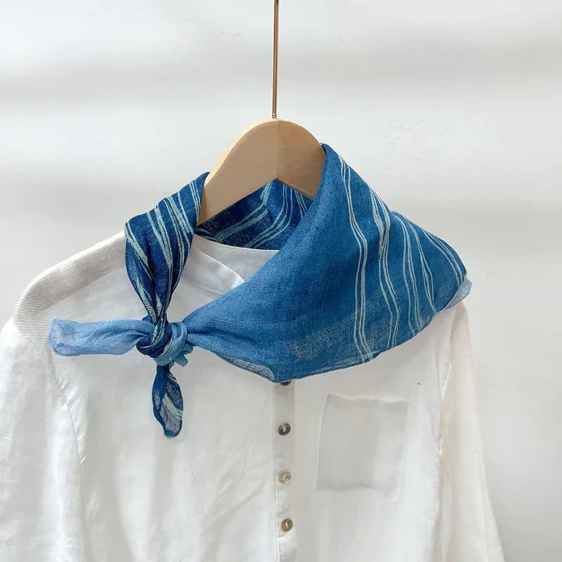 Women's linen scarf, summer neck, wrapping for head, blue breathable solar protection accessory for outdoor spring on beach