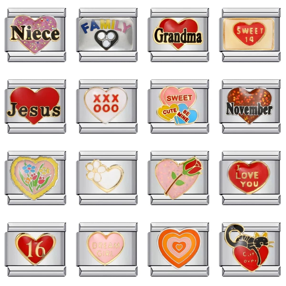 URING Lettera romantica colorata Cuore d'amore Collegamenti di ciondoli italiani Misura bracciale in acciaio inossidabile da 9 mm San Valentino Creazione di gioielli fai da te
