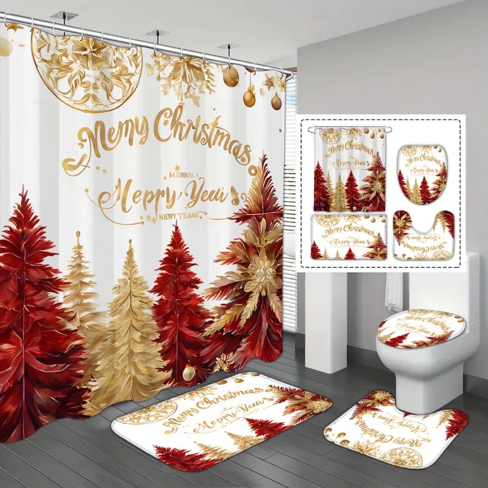 Set di 4 pezzi di tenda da doccia impermeabile con albero di buon natale con 12 ganci, tenda stampata impermeabile, tappetino da bagno
