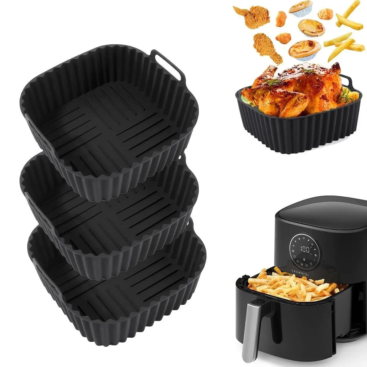 Tappetini in Silicone Quadrati Riutilizzabili Antiaderenti per Friggitrice ad Aria, Forno e Microonde, Accessori per Airfryer da 4-7QT