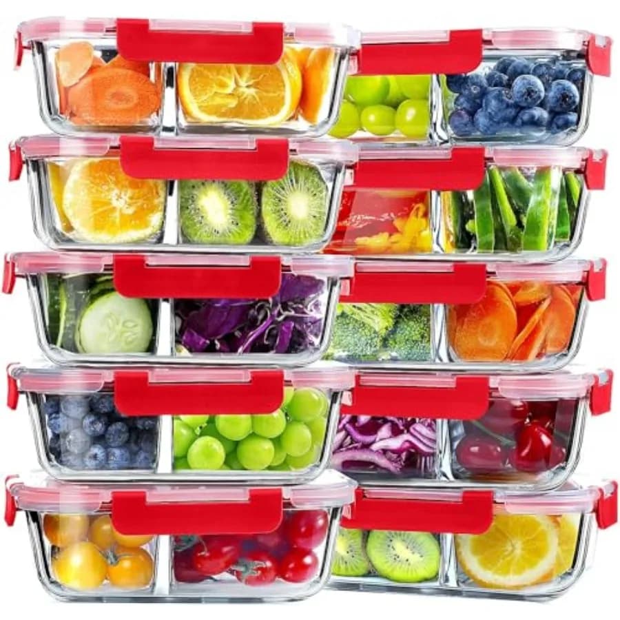 Set di 10 Contenitori in Vetro per Preparazione Pasti con 2 Scomparti, 30 OZ, Contenitori Ermetici in Vetro per Pranzo, Contenitori in Vetro per Conservazione Alimenti con Coperchio