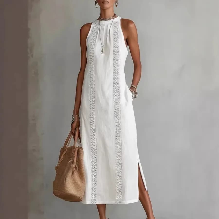 Abito da donna senza maniche con scollo all'americana, tinta unita e inserti in pizzo, per vacanze primaverili 2026, stile europeo e americano