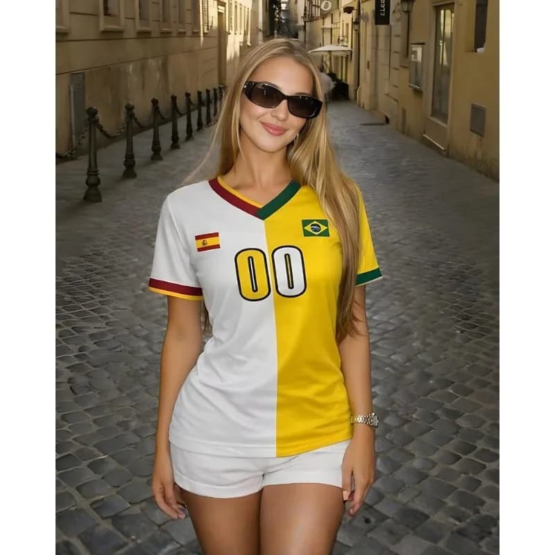 Spain Vs Brazil Split Soccer Jersey, Oversized Quick Dry Breathable Tee for Dual Team Fan Streetwear No.00 Flag Print Sport Top
