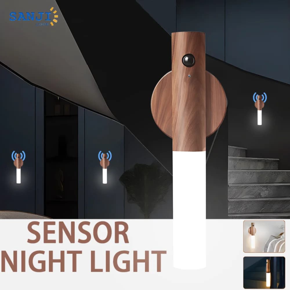 Luce LED Ricaricabile con Sensore di Movimento, Magnetica, Effetto Legno, Portatile, Luce Notturna USB, Lampada da Parete a Induzione per Corridoio