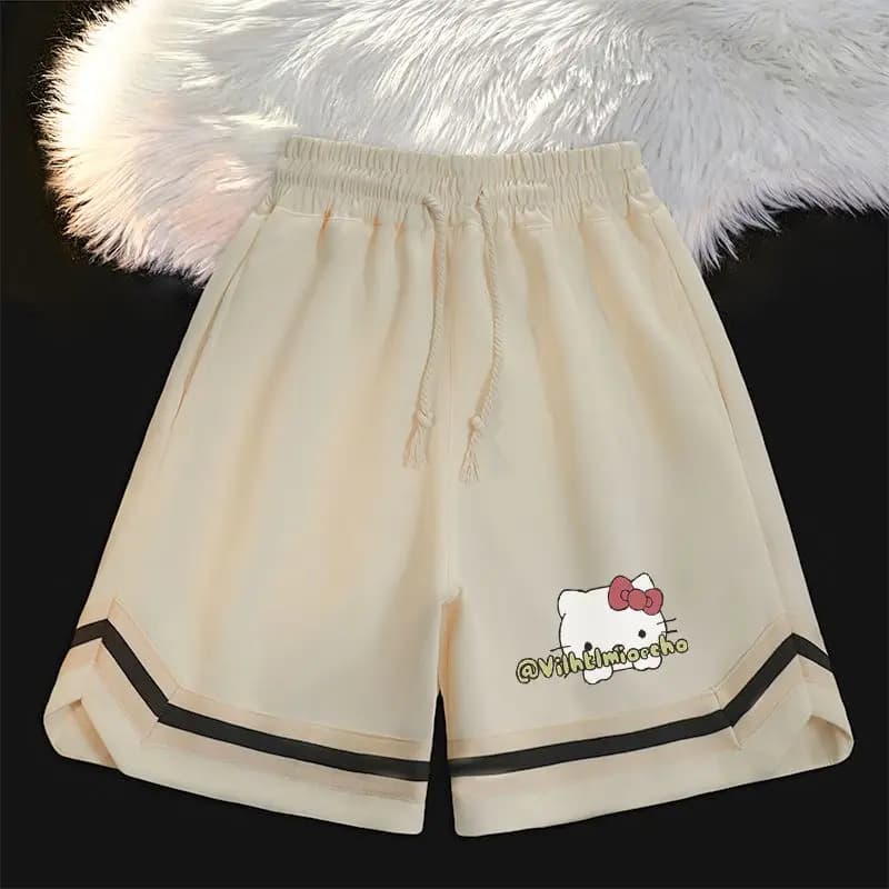Pantaloncini sportivi stampati Sanrio Hello Kitty per l'estate da donna Nuovi pantaloni capris larghi a vita alta versatili per studenti
