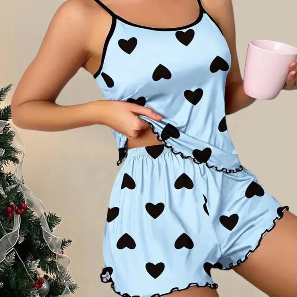 Set pigiama da donna in seta ghiaccio, top a maniche corte e pantaloncini con stampa di cuori rosa, abbigliamento da notte estivo fresco e traspirante, girocollo