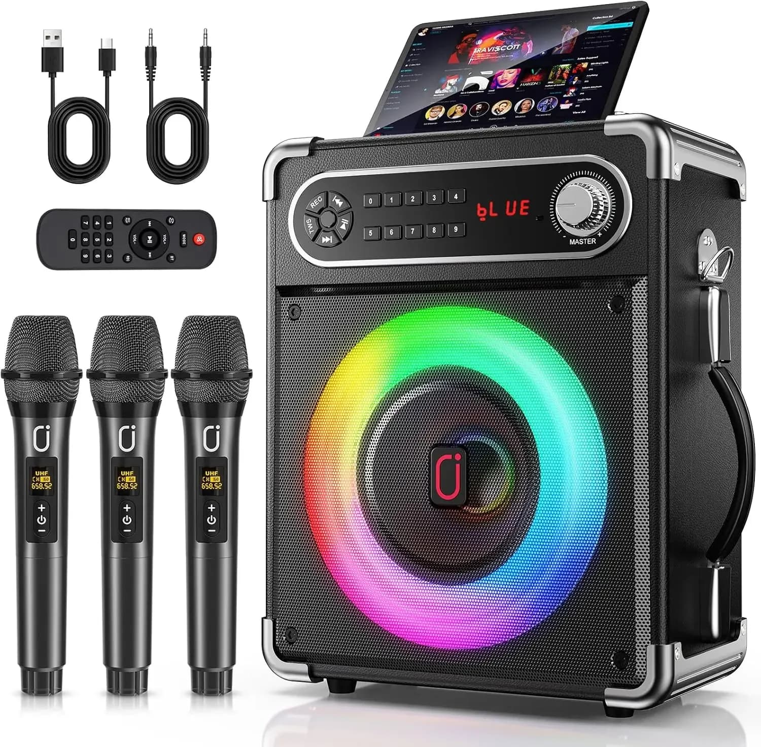 Macchina per Karaoke HWWR, Altoparlante Karaoke Portatile Bluetooth 5.3 con 3 Microfoni Wireless per Adulti con Luci LED per Esterni