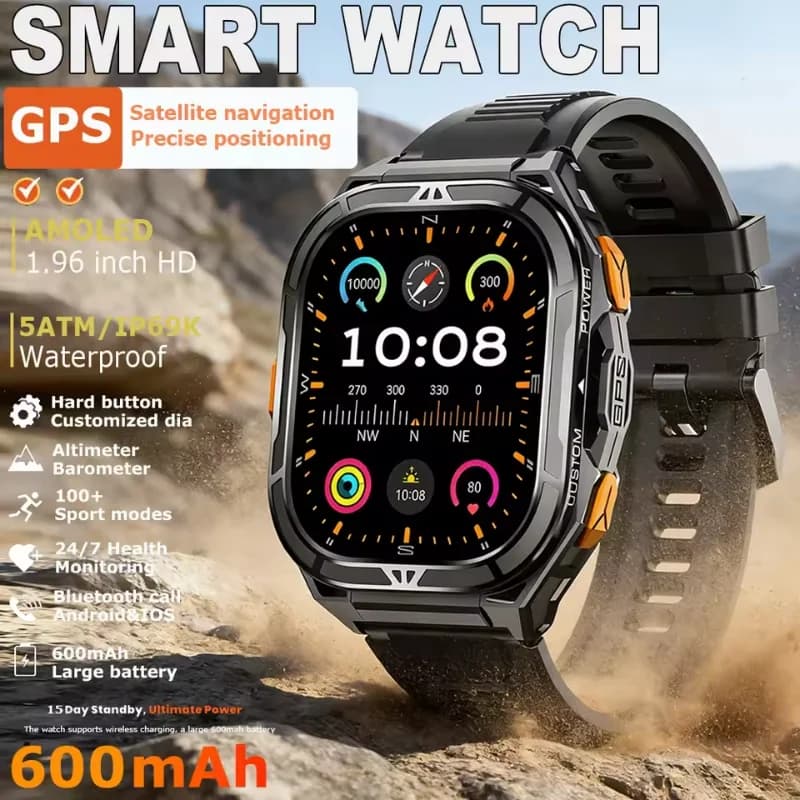 X5 Smart Watch 5ATM Waterproof GPS Dual-Frequency Tracking 1.96" AMOLED 530mAh Compass 170+ Sports Mode Fitness Tracker Watch