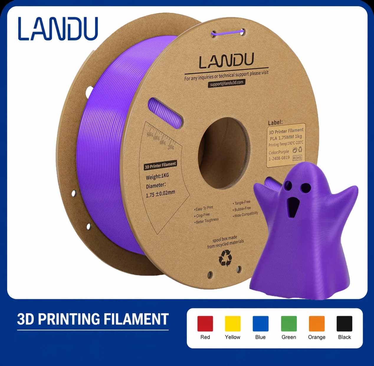 LANDU PLA 3D Printer Filament 1.75mm, 1kg Spool No Warping No Bubbles High Toughness 3D Printing Material For Bambu Lab